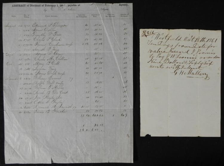 2 Antique Handwritten Receipts Civil War & Pre 1852, 61: These are two receipts, handwritten in ink, from the pre-Civil War and Civil War periods. One is an Abstract of Divident dated February 1, 1852, with name of the Agency and Agent, plus 19 other names.