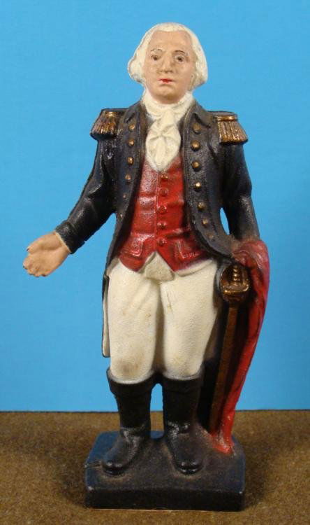 VINTAGE CAST IRON STATUE OF GEORGE WASHINGTON: OFFERED HERE IS A VINTAGE CAST IRON STATUE OF GEORGE WASHINGTON. IT HAS A COIN SLOT IN BACK & SCREWS TO OPEN IT. THE MAKER'S MARK ON THE BASE IS HARD TO READ. THE STATUE IS