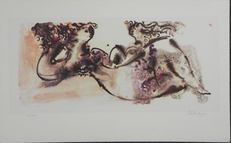 Chaim Gross Reclining Nude Signed& Numbered Litho Print: Artist: Chaim GrossTitle: Reclining Nude * Medium: Litho print on * paperSignature: Signed by artist, lower * rightEdition: 23/250, lower * leftImage size: 13" x * 28 1/4" * Sheet size: 19 1/4" x * 31