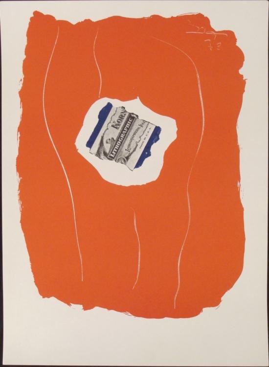 Robert Motherwell Tricolor Art Print: This print portrays a scrap of printed ephemera from the 19th century over a bright red brushstroke of paint. * * Artist: Robert Motherwell Title: TricolorMedium: Lithograph on paperEdition: Out of 12