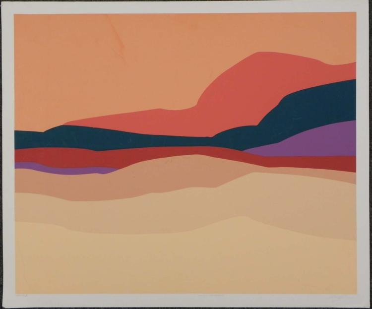 Doug Danz Signed Desert Landscape Proof Print Strata B: Here is an abstract landscape that breaks down the layers into bold shapes and colors.Artist: Doug Danz Signature: In pencil, lower right Title: Strata BEdition: Proof, marked "Hours Commerce"Medium: