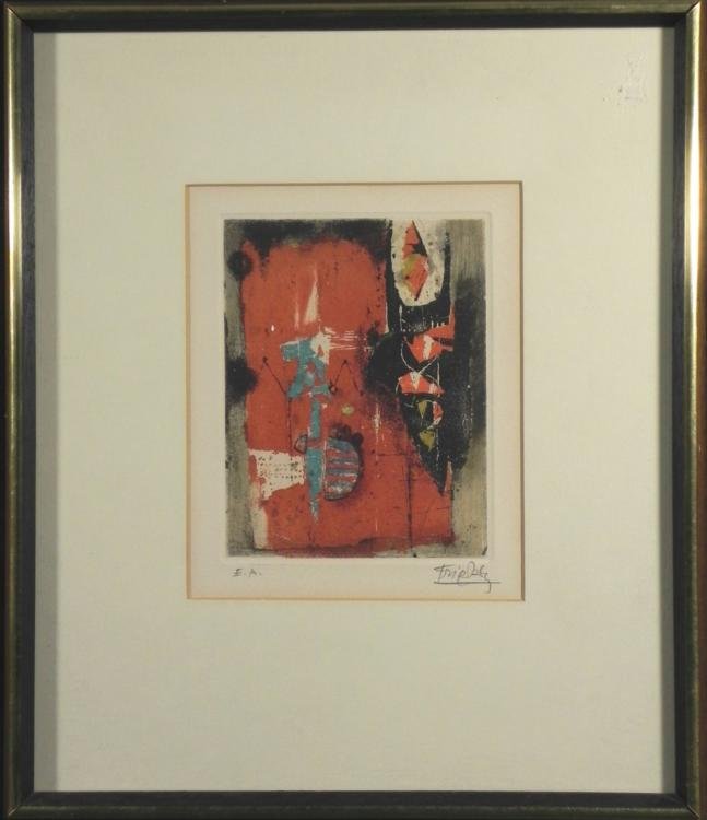 Johnny Friedlaender S/N Blue Tomahawk Art Print: Artist: Johnny FriedlaenderTitle: Blue TomahawkMedium: Colored etching with aquatint on paperSignature: Signed by artist, lower rightEdition: European artist proof numbered 83/100, lower leftPresentat