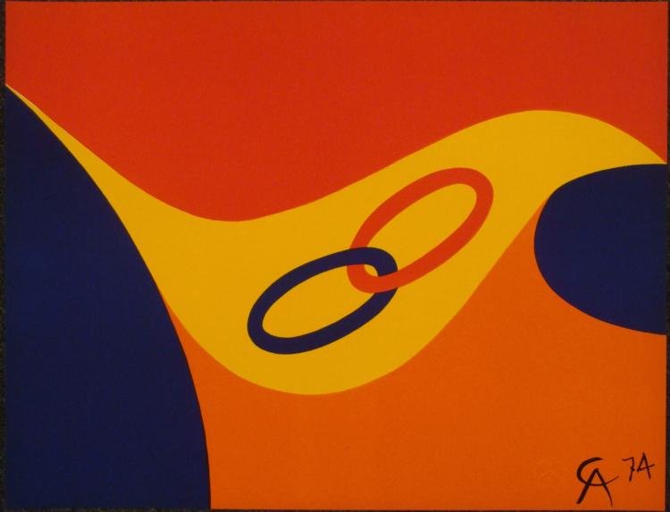 Alexander Calder Friendship Braniff Airlines Art Print: This compelling print is from Alexander Calder's historic "Flying Colors Collection" produced for Braniff Airlines in 1974. Artist: Alexander Calder Title: Friendship Image Size: 20 x 26 inches. Paper