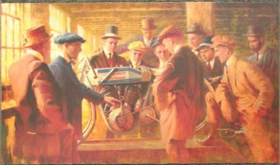 CHAMPION David Uhl Harley Davidson Motorcycle Print Art: By renowned artist David Uhl, this original signed lithograph features Harley Davidson enthusiasts examining the fine details of a "hog." Note in the piece the various stylized caps worn by the men, a