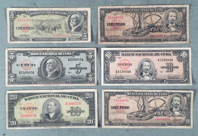 5 Diff Old Cuban Currency 1949-1960: 5 Diff Old Cuban Currency 1949-1960 * (2) 5 Pesos(3) 10 Pesos(1) 20 Pesos *
