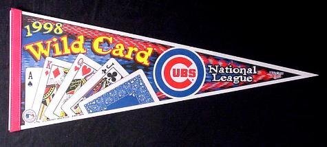 CHICAGO CUBS 1998 Baseball NL WILD CARD PENNANT Mint: Here's a full-size play-off pennant proclaiming the CHICAGO CUBS to be the 1998 NATIONAL LEAGUE WILD CARD team! Condition is mint-bright, fresh and clean. No tack holes. A perfect-and very timely- pen