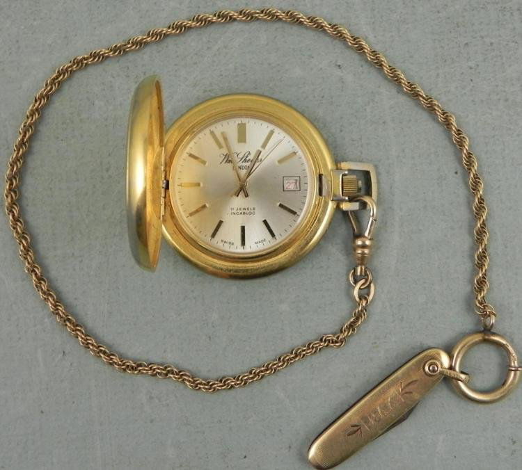 William Shears HC Pocket Watch w/Chain, London: This is a hunter's case pocket watch from William Shears of London, with Swiss movement. The dial is silver pearl tone with gold tone hands and hour markers, and red numerals at the date window. The 1