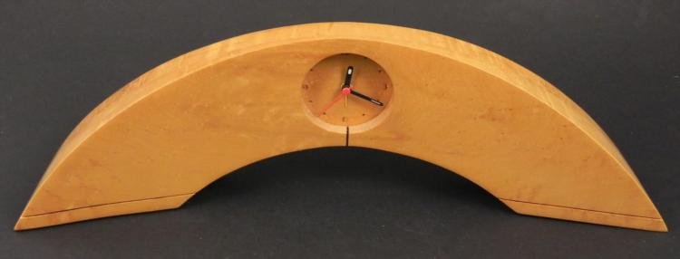 Burl Wood Desk Clock Modern Design Arc Shape: This desk clock is in a stylish arced shape, made of natural burl wood. Even the clock face has laser etched numerals. The clock has not been tested recently because it needs a battery, but in general