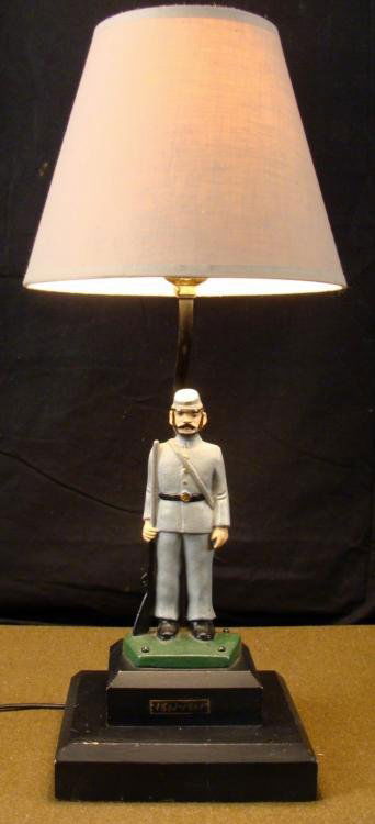 VINTAGE CONFEDERATE CIVIL WAR TABLE LAMP W/SOLDIER 16": VINTAGE CONFEDERATE CIVIL WAR TABLE LAMP WITH SHADE-16" TALL-W/CONFEDERATE SOLDIER * * GREAT LOOKING PIECE WITH A CONFEDERATE CIVIL WAR SOLDIER MOUNTED ON A DOUBLE TIERED WOOD PLATFORM-SOLDIER IS META