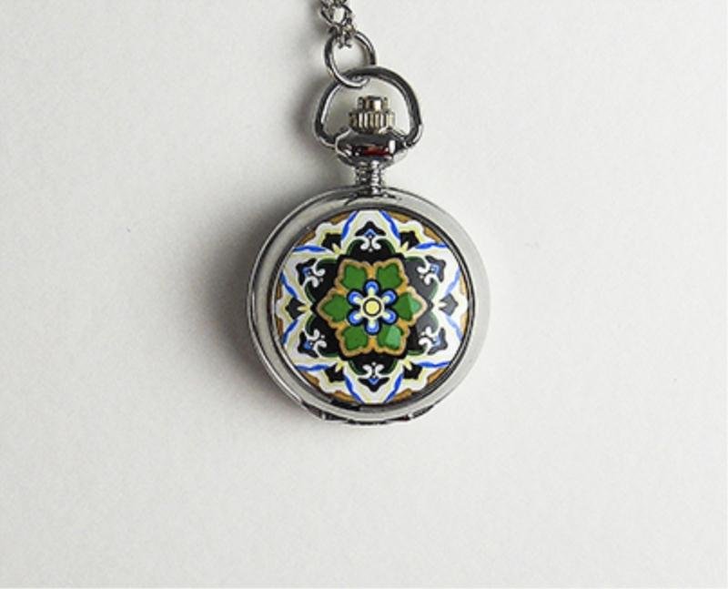 Stainless Steel Ladies' Pocketwatch W/painted Case: Lovely Stainless Steel Ladies's Pocket Watch With Painted Designed On Front Cover. There Is A Mirror Inside Perfect For Touching Up Makeup. The Watch Has A Quartz Movement And A Matching Stainless Ste