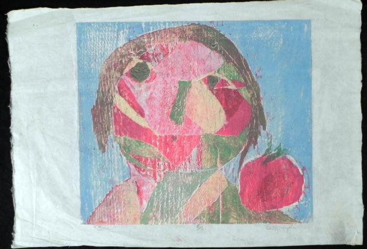 Betty Snyder Rees Original Woodcut Print Eve & Apple: This original woodcut print is a close-up portrait of Eve in the garden with a big red apple at her side. The Cubist forms, and textures from the printing make this a unique image. * * * Artist: Betty