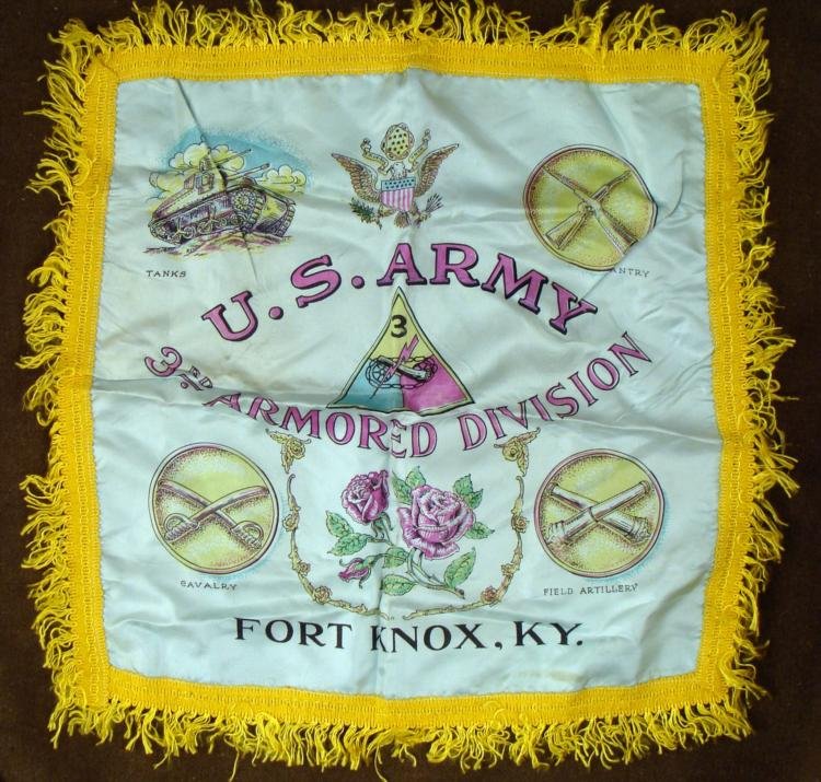 WWII US ARMY 3RD ARMORED DIV SWEETHEART P: HERE IS A WWII U.S. ARMY 3RD ARMORED DIVISION SWEETHEART PILLOW CASECOVER.; ON THE FRONT IT SHOWS GREAT GRAPHICS.; IT IS A;"20"" SQUARE WITH FRINGES."