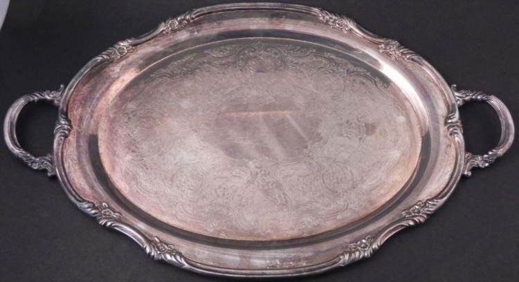 Reed & Barton Large Silver Plated Serving Tray 1820 22: Here's a large Reed & Barton silver plated serving tray, with pattern of plumes and flowers, and floral rim and handles. The underside is marked Reed & Barton 1820 22. The platter is 22 x 16",
