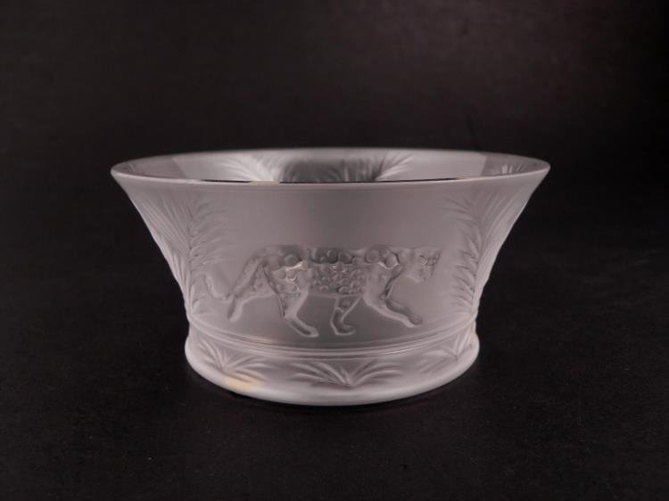 Lalique Jungle Bowl Crystal Dish w/Cheetahs: This is Lalique crystal bowl is in the Jungle pattern, with prowling cheetahs encircling the edge, between lush ferns. The images are in relief on the exterior, with frosted glass background. * The di
