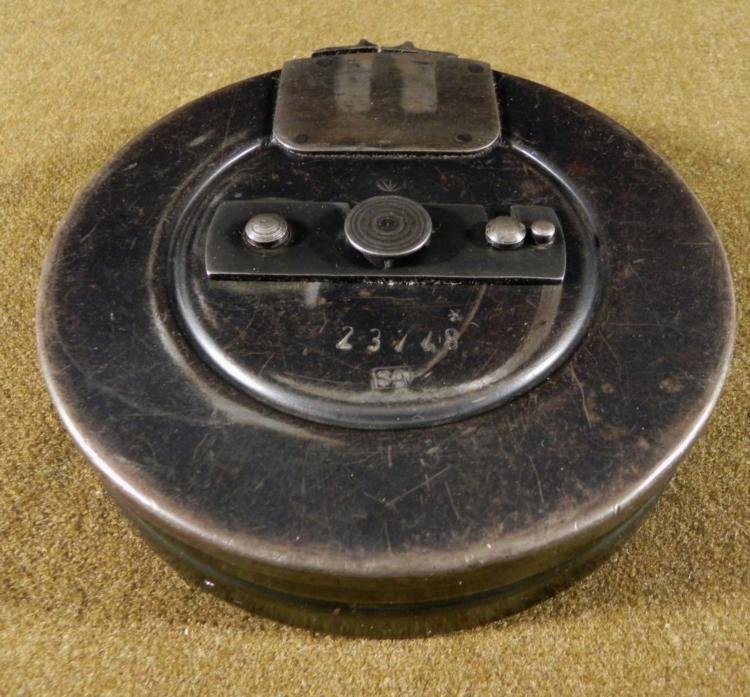 WWII Russian PPSh-41 Semi-Automatic Rifle Magazine 7.62: This is a WWII era Drum Magazine for a Russian PPSh-41 Semi-Automatic Rifle. It is in very good condition, untested. The size is 7.62 mm, and the overall size is 6" in diameter and 1 1/2" thick. It is