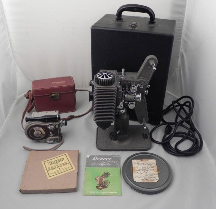 Revere Eight Magazine 8mm Movie Camera & Projector: This is a Revere Eight 8mm movie camera along with a projector. Both are untested, but appear to be in very good condition. * * * The camera is a Model Seventy, with single f/1.9 lens, and slide out c