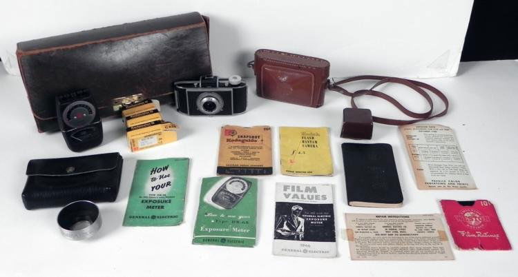 Kodak Flash Bantam Folding Camera w/ 2 Cases, Meter: This is a mid 20th century Kodak Flash Bantam small folding camera. The body has some surface nicks, but overall this camera is good condition, untested with film. The bellows are supple. The lens is