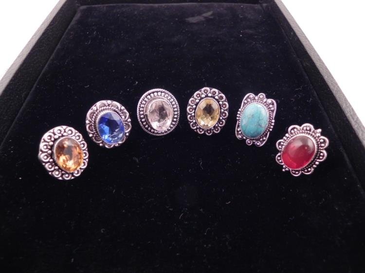 6 Sterling Rings Citrine Sapphire Turquoise Garnet: 6 Gemstone Rings * Rings: 23mm, in Sterling * Silver curled and floral * setting * Gemstones: Yellow Citrine, Blue Sapphire, Morganite, Turquoise, Garnet, and Sphene * Cuts: Oval, faceted * Conditions