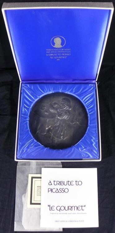 Picasso Sterling Silver Hamilton Plate Gourmet 1972 MIB: This sterling silver plate was made as a tribute to Pablo Picasso. The relief imagery depicts a small girl with a discriminating palate. Artist: Pablo PicassoSculptor for this plate: Alfred BrunettinT