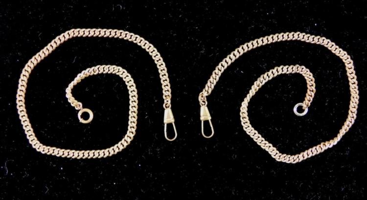 2 Vintage or Antique Pocket Watch Chains Gold Tone: These two vintage or antique pocket watch chains have pillow shaped links. The closures have lobster claws on both, while one has a sliding hoop and the other a plain hoop. Otherwise they are identica