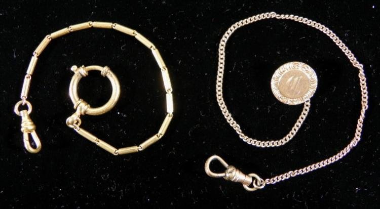 2 Antique Pocket Watch Chains Bates & Bacon, Bacio GF: These two antique pocket watch chains are from some fine makers. The snake chain is from Bacio, and it features lobster claw and sliding hoop closure, and measures 7" total. The thin chain is from Bat