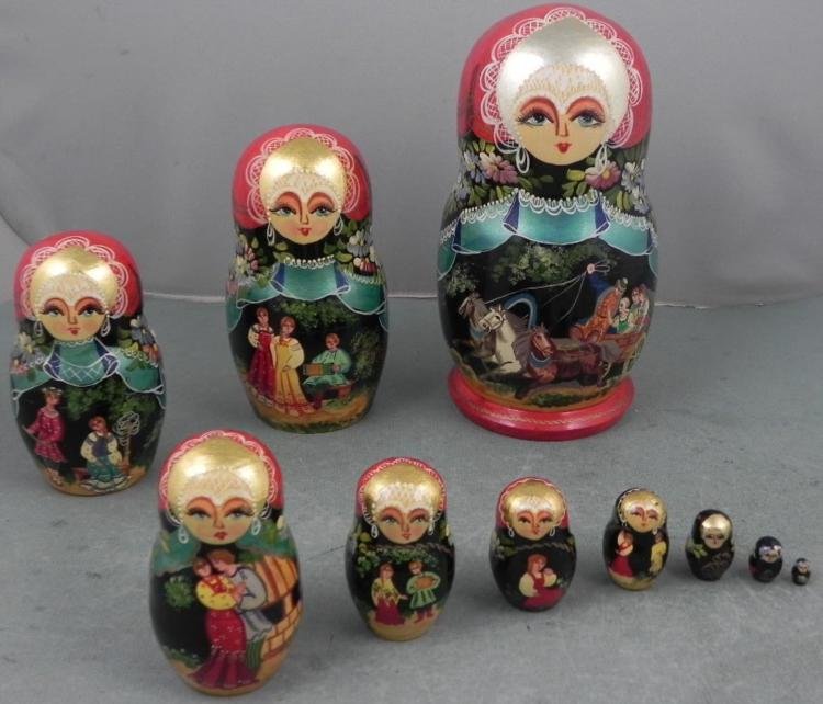 10 Pc Set Russian Nesting Dolls Hand Painted Romantic: This large set of Russian nesting dolls includes 10 dolls, all hand painted in red and black, with lovely floral designs, and traditional romantic scenes. The large doll has a marvelous horse and carr