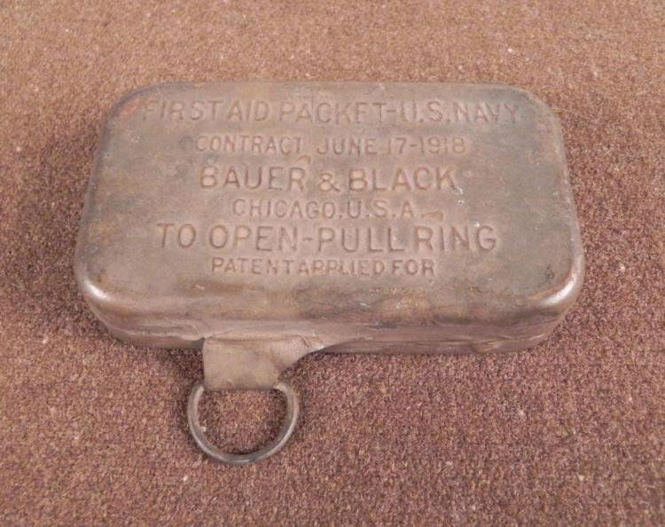 WWI U.S. NAVY FIRST AID METAL KIT UN-OPENED ORIGINAL: OFFERED HER IS A RARE ORIGINAL WWI U.S. NAVY FIRST AID METAL KIT-UN-OPENED- BAUER & BLACK-1918