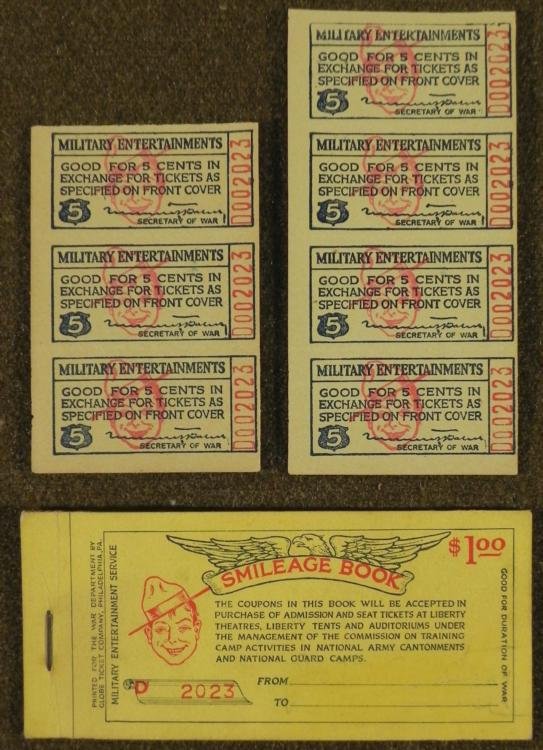 WWI Set of Military Theater Tickets & Smileage Book: These tickets or coupons were given to trainees to use at Army Liberty theaters, tents, and other entertainment places. Included are are a strip of 3 and a strip of 4 tickets, and one empty Smileage B