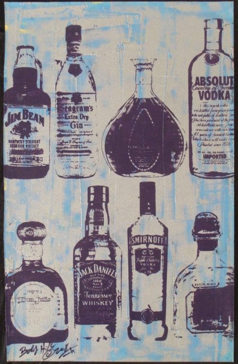 Bobby Hill Original Signed Painting Bottles Silver: This is an original Pop Art painting of by noted urban artist Bobby Hill. * This is a nice selection of hard liquor, and the bottles stand out in black outlines, backed by blue streaks and glittery si