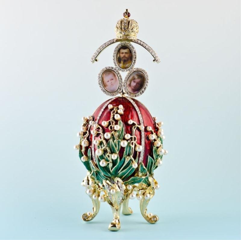 Lilies of the Valley Faberge Egg: Dimensions (Opened Picture Frame): 6.5" (H) x 2.5" (D) Dimensions (Closed Frame): 4.75" (H) x 2.5 (D) Pewter, Crystals, Enamel Egg contains hidden photo frame (magnet mechanism) A Faberge Impe