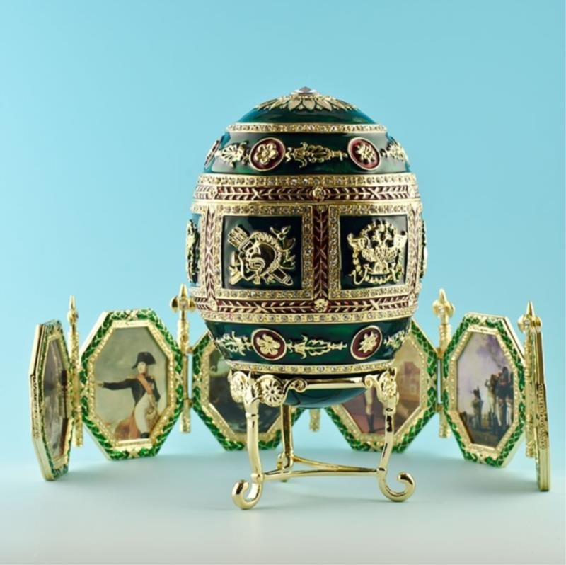 Napoleonic Faberge Inspired Egg: The Egg illustrates the centenary of Russia's victory over the armies of Napoleon and in particular the victory at Borodino in 1812. It is one of the two imperial Easter eggs for which the design draw