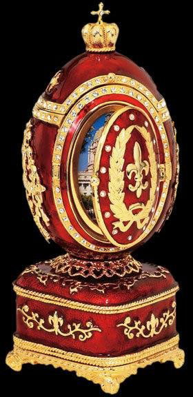 Faberge Inspired Fleur-de-Lis Egg: Faberge Inspired Fleur-de-Lis Egg. Fleur-de-Lis Secret Treasure Enameled Egg. Like those originally fashioned by imperial Russian jeweler Peter Carl Faberge, delicately designed eggs like ours hav