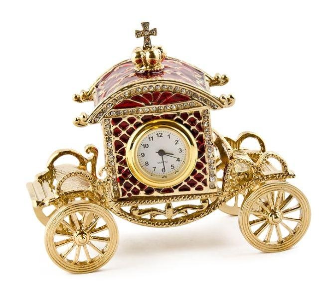 Faberge Trinket Coach: Faberge Style Coach Jewelry Box ?3.25'' (L) X 1.75'' (W) 3" (H) ?Pewter, Crystals, Enamel ?Boxed Magnificently crafted using glossy red enamel applied on yellow golden plated metal ornamented 