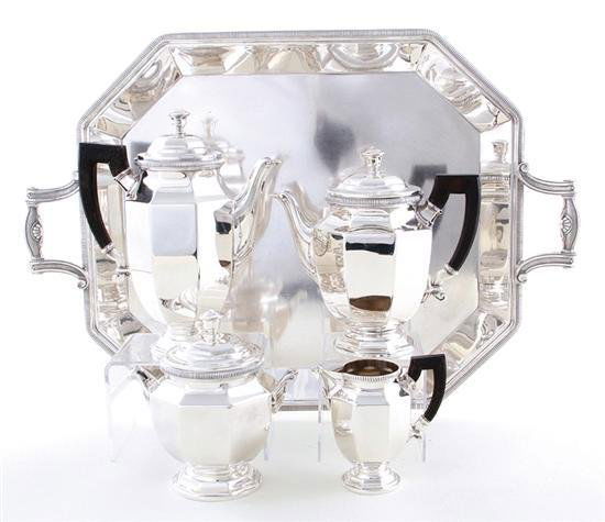 Christofle Cobert Silverplate Tea & Coffee Service: Christofle Cobert pattern silverplate tea and coffee service Classical paneled pattern, comprising: coffeepot, H9 1/2in teapot, H8in covered sugar, H6 3/4in creamer, H4 1/2in servi