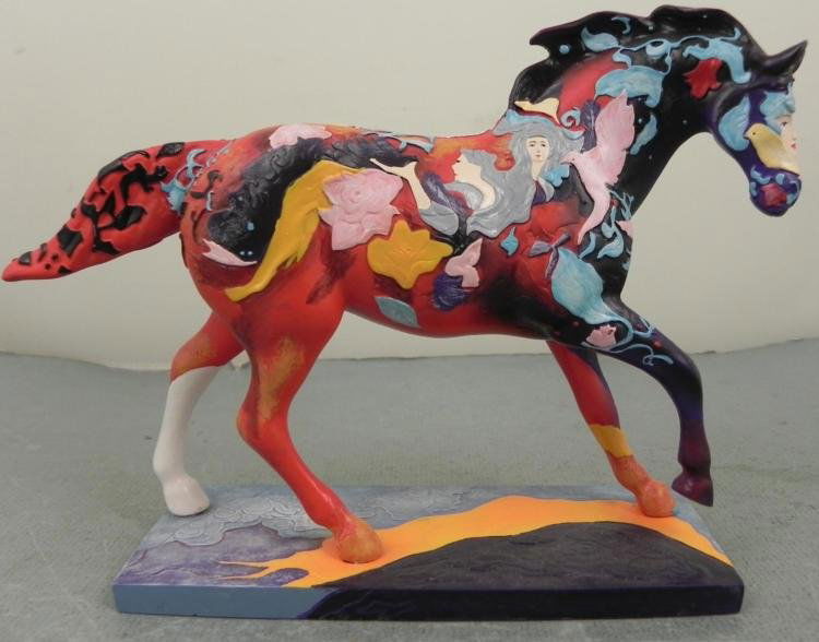 Trail of Painted Ponies Figurine American Dream Horse: This Trail of Painted Ponies horse appears to be straight out of a dream, with a pattern of flowing foliage, females in long hair, and a white horse and yellow bird. * Name: American Dream Horse * Art