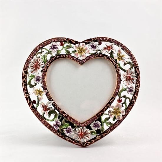 Maroon Heart Faberge Frame: Maroon Heart Faberge Frame, The Faberge Maroon Heart Photo frame is ornamented by beautiful varied color enameled flowers. The edges are covered with pink/red crystals and beautiful ornaments. The