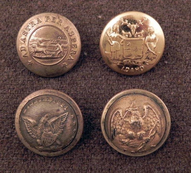 4 State Gilt Buttons Civil War IA, ID, KS, MS: 4 State Gilt Buttons, dating from around the Civil War * * IowaObverse: Eagle with arrowReverse: M.C. LILLEY & CO., COLUMBUS, O. * * IdahoObverse: Miner, and woman with scales representing justiceReve
