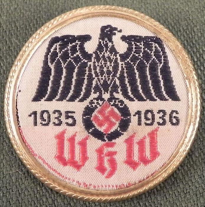 NAZI 1935-1936 WHW MEDAL W/ EAGLE & SWASTIKA ON FABRIC: NAZI 1935-1936 WHW MEDAL WITH EAGLE & SWASTIKA ON FABRIC-METAL EDGE & BACK * REVERSE MARKED "DR. R. MORISSE & CO.--WOPPERTAL-NICE ORIG *
