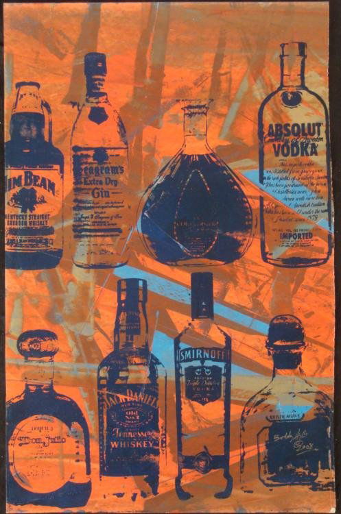 Bobby Hill Original Signed Painting Bottles Red: This is an original Pop Art painting of by noted urban artist Bobby Hill. * Shelves of liquor bottles are shown, as if behind a bar, in vivid red, with deep streaks of brown and blues. * * Artist: Bob
