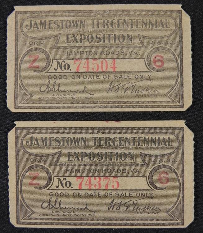 2 Jamestown Exposition Worlds Fair Tickets 1909: These are two original admission tickets to the Jamestown Tercentennial Exposition, which took place in Hampton Roads, Virginia in 1907. Each ticket is in very good condition, stamped in red with a nu