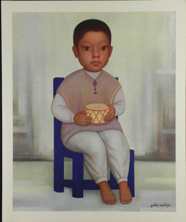 Gustavo Montoya Mexican Art Print Boy With Drum: Here is a little drummer boy posing with his drum for a charming portrait. * Artist: Gustavo MontoyaTitle: Nina En AmarilloMedium: Offset lithograph on * paperSheet Size: 17 3/8" x 21 1/8" * Condition