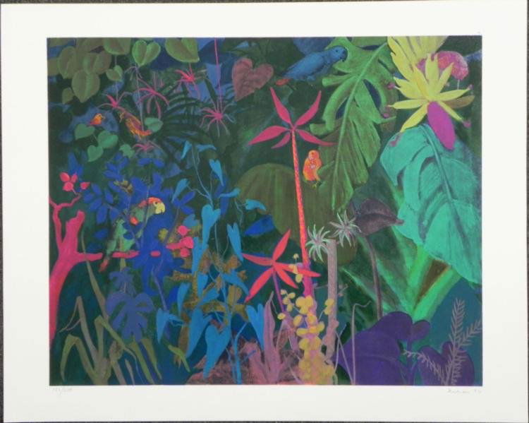 Gustave Likan Signed Tropical Art Print Jungle 1976: Several parrots sit peering out from the lush jungle in this tropical art print. * Artist: Gustave LikanSignature: In pencil, lower rightMedium: Color serigraph on paperEdition: Numbered from an editi