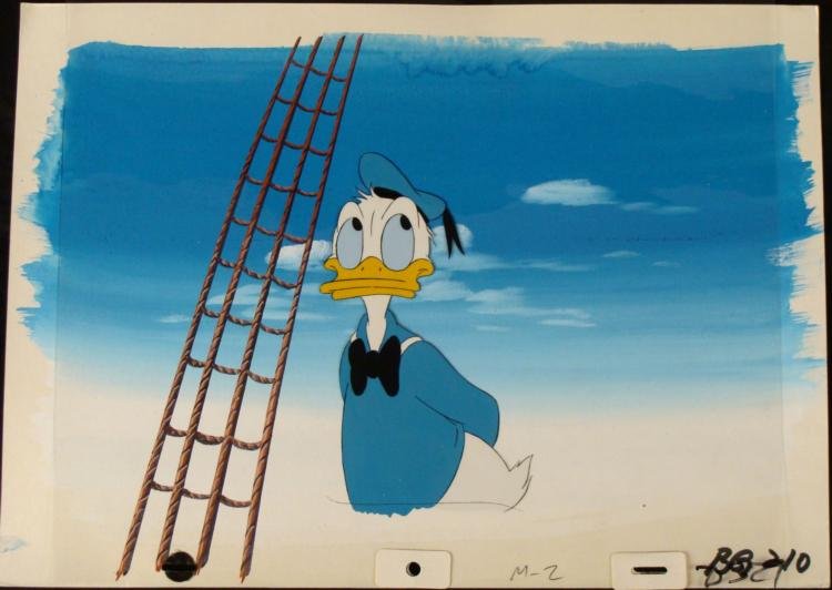 Background Original FOOLS Cel Donald Duck Production: Donald Duck is a cartoon character created in 1934 at Walt Disney Productions. Donald is an anthropomorphic white duck with a yellow-orange bill, legs, and feet. He typically wears a sailor suit with 