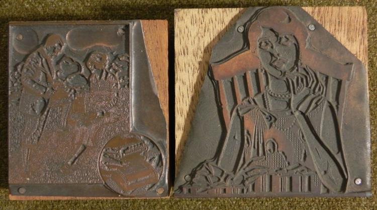 2 Kodak Camera Ad Copper Print Blocks Pictures 1920s: These two copper printers blocks were made for print advertisements for Kodak cameras around the 1920's. They come from a collection of Kodak print blocks. One shows a man taking a picture of a lady, 