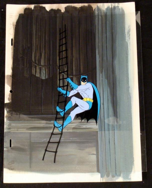 Original Background Animation Cel Batman Climb Rope Art: Batman is climbing a rope ladder. He is going to stop evil doers in Gotham City. * * * Original Production Background and Animated Cel Medium: Hand painted acetate cel Details: Numbers and peg holes *