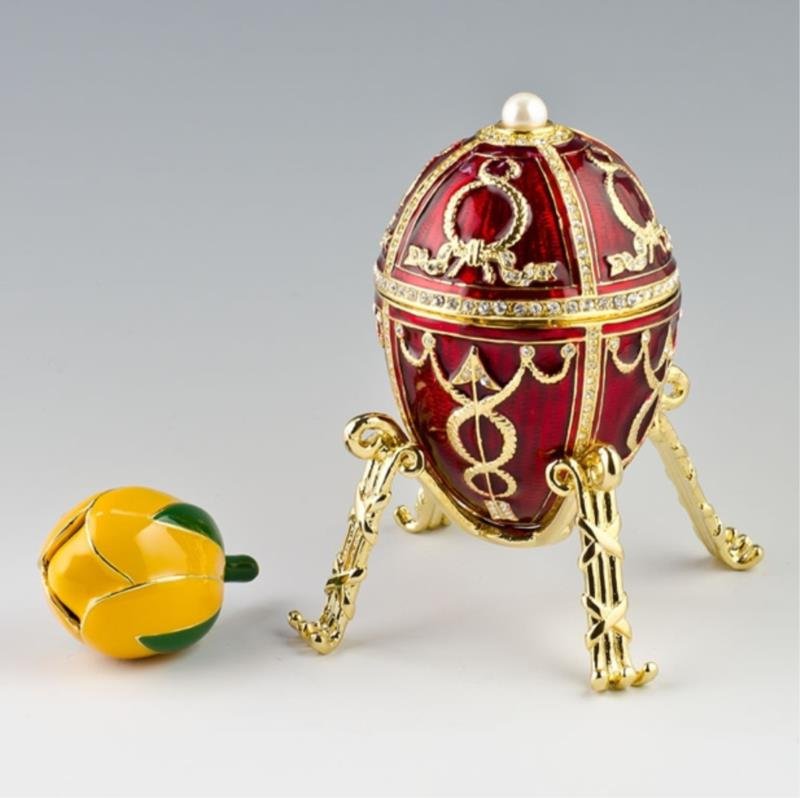 Rosebud Faberge Inspired Egg: When Tsar Nicholas and Alexandra Feodorovna married in 1894 the homesick young bride missed the roses in her homeland country, there was a famous rose garden called Rosenhohe. The Faberge Inspired