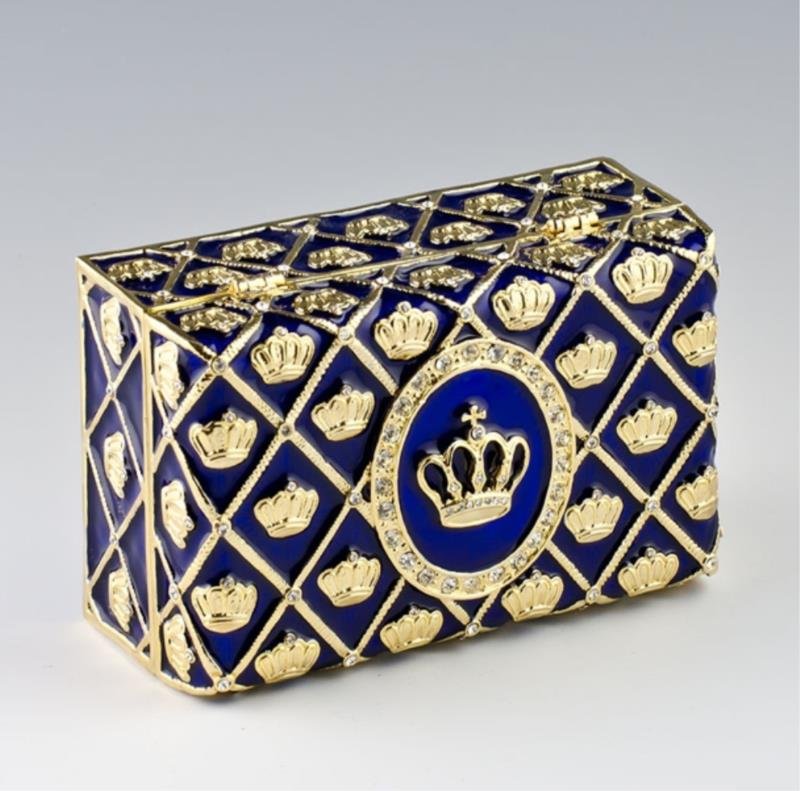 Imperial Crown Faberge Style Presentation Box: This box has blue translucent enamel under the crystal ornamentations in the form of crosses. Faberge?s superb enameling technique is regarded as one of his main contributions to art at the end of the