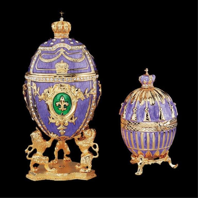 Faberge Inspired Fleur-de-lis Egg: Faberge Inspired Fleur-de-lis Egg. Faberge-style Collectible Eggs: Set of Tassel & Fleur-de-Lis. This exquisite enameled egg is skillfully rendered in the style made famous by Peter Carl Faberge,