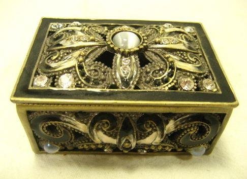 Decorative Trinket Box: A beautiful trinket box metal with black enamel and crystals Measures Apx.1 x 1 5/8 x 2 1/4"