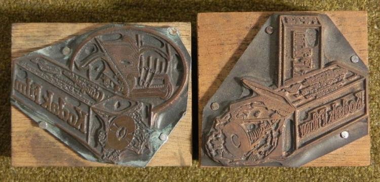 2 Kodak Camera Ad Copper Print Blocks Film Boxes 1920s: These two copper printers blocks were made for print advertisements for Kodak cameras around the 1920's. They come from a collection of Kodak print blocks. Both show close-ups of some Kodak film, and 